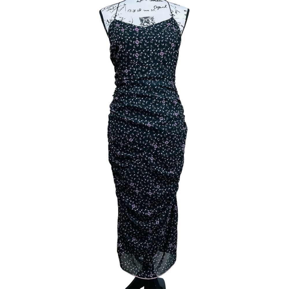 Sandy Liang black ditsy floral print slip dress  ruffle/ open back size 7 (38)